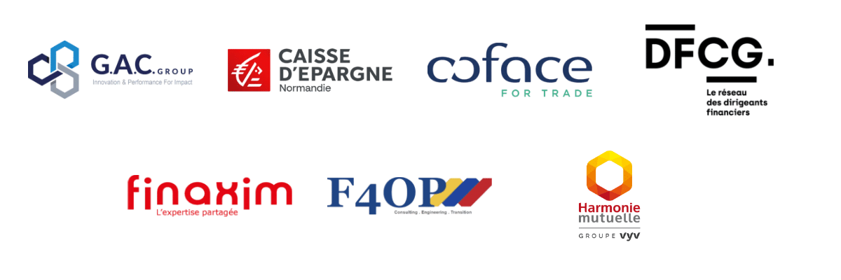 Logos des organisateurs : G.A.C. Group, Caisse d'Épargne Normandie, Coface, DFCG, Finaxim, F4OP et Harmonie Mutuelle