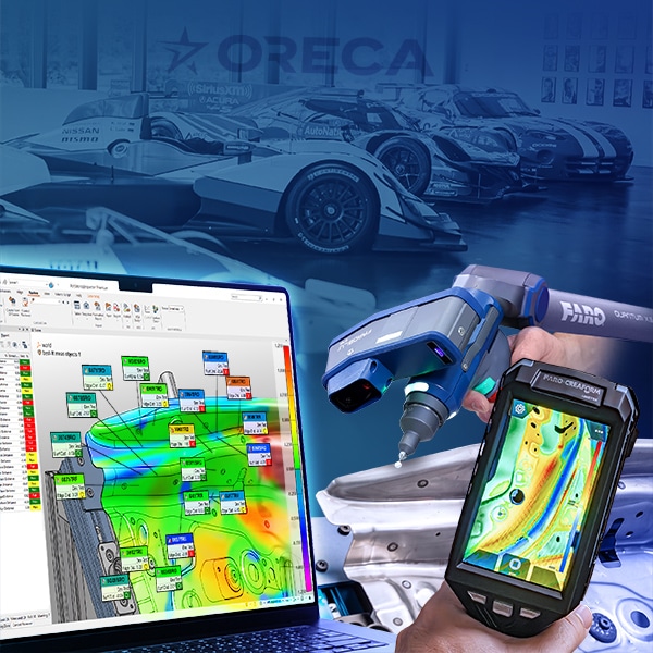 Visuel du Tech Day FARO CREAFORM et PolyWorks Europa chez ORECA : bras de mesure, tablette et logiciel d’inspection 3D